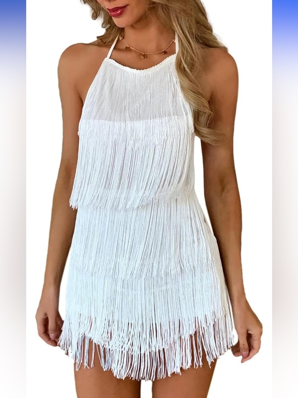 White Fringe Halter Dress
